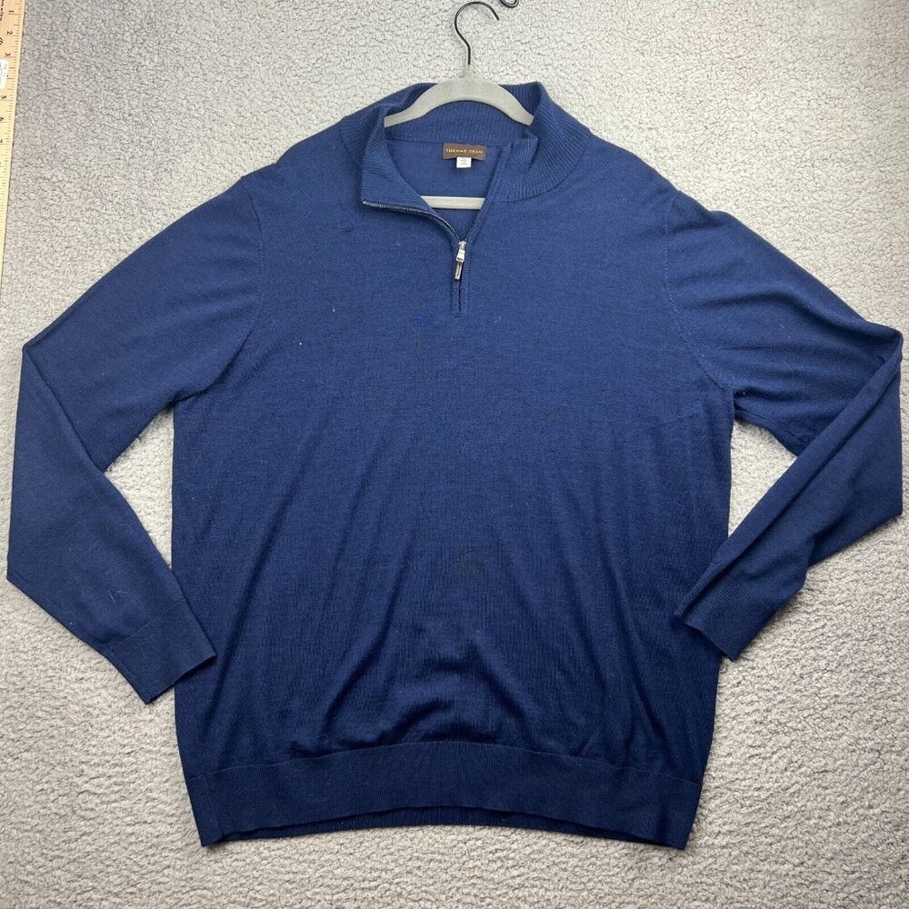 Thomas Dean Mens 1/4 zip Pullover Sweater Size XL Extra Large Blue Merino Wool